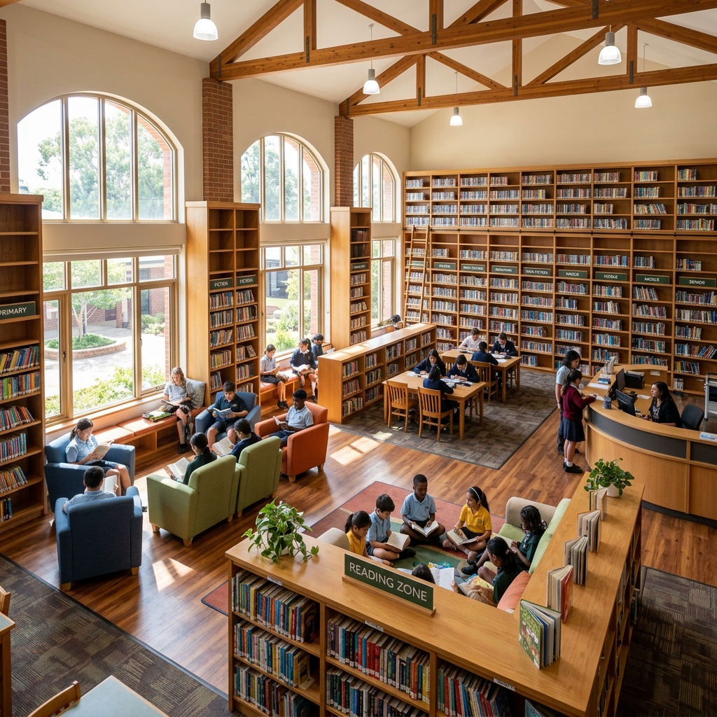 Spacious library with bookshelves and learning spaces