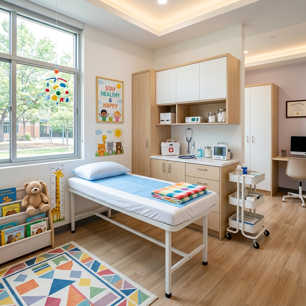 Clean and bright school medical clinic/infirmary room